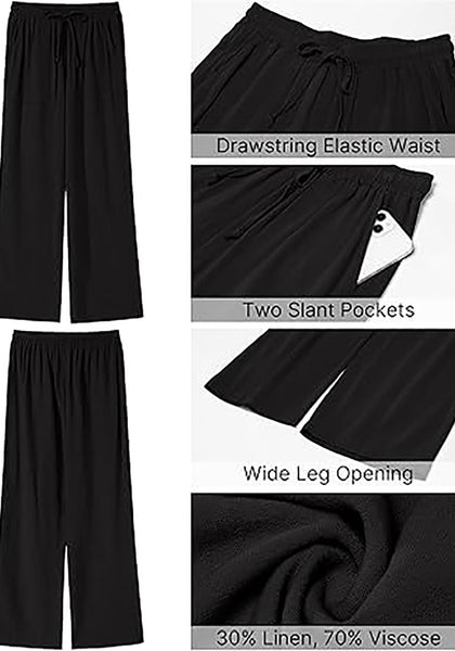 GRAPENT Linen Pants for Women Wide Leg High Waisted Baggy Drawstring Elastic Waist Palazzo Trousers Pants with Pockets