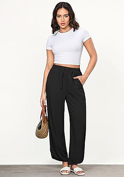 GRAPENT Linen Pants Women High Waisted Wide Leg Casual Beach Pull On Elastic Waist Summer Cropped Pants with Pockets