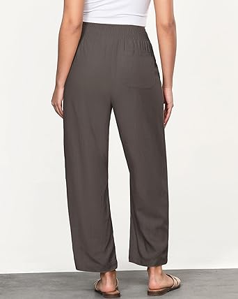 GRAPENT Linen Pants Women Wide Leg High Waisted Cropped Barrel Pull On Smocked Elastic Waist Summer Pants with Pockets