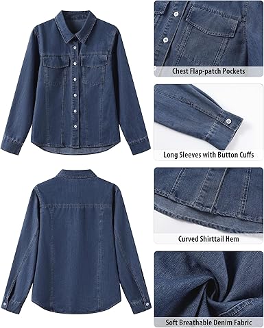 GRAPENT Women's Shirt Rugged Button Down Loose Durable Classic Fitted Denim Blouse Top
