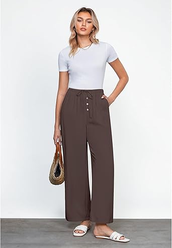 GRAPENT Linen Wide Leg Pants Woman High Waisted Pull On Button Drawstring Baggy Casual Summer Palazzo Pants with Pockets