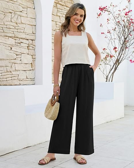 GRAPENT Linen Pants for Women Wide Leg High Waisted Paper Bag Smocked Waist Casual Summer Beach Vacation Palazzo Pants