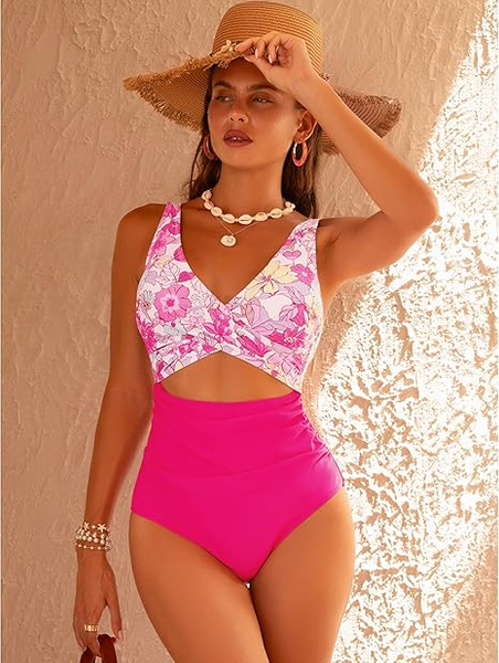 GPAPENT StrapCore One Piece Swimsuit Women V Neck Cross Front Cut Out Printed Color Block Ruched High Waisted Bathing Suits Swimwear