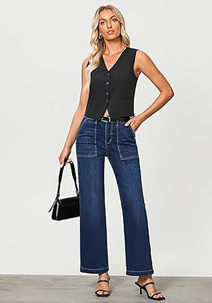 GRAPENT Jeans for Women High Waisted Straight Leg Jeans Stretchy Trendy Wide Leg Denim Pants Jean Trousers Patch Pockets