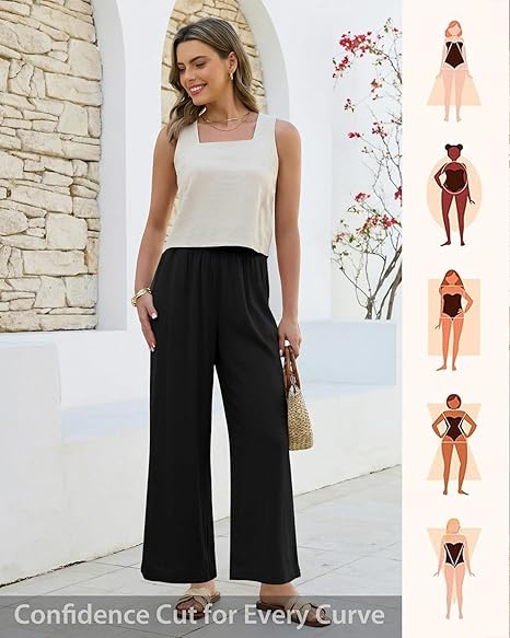 GRAPENT Linen Pants for Women Wide Leg High Waisted Paper Bag Smocked Waist Casual Summer Beach Vacation Palazzo Pants
