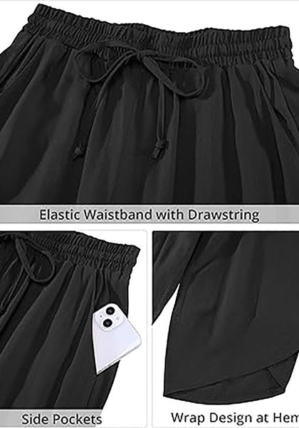 GRAPENT Linen Pants Women High Waisted Wide Leg Casual Beach Pull On Elastic Waist Summer Cropped Pants with Pockets