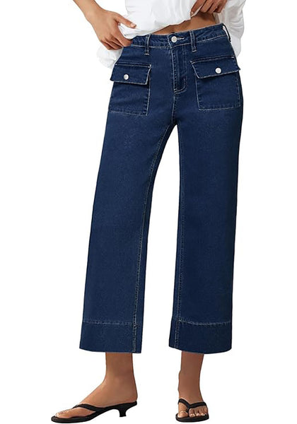GRAPENT Wide Leg Jeans for Women Trendy High Waisted Straight Leg Cropped Stretchy Denim Pants with Retro Patch Pockets