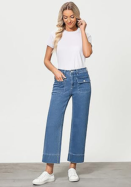 GRAPENT Wide Leg Jeans for Women Trendy High Waisted Straight Leg Cropped Stretchy Denim Pants with Retro Patch Pockets