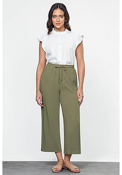 GRAPENT Linen Pants for Women High Waisted Wide Leg Capri Elastic Waist Casual Beach Flowy Cropped Summer Capris Pants