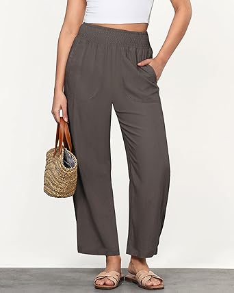 GRAPENT Linen Pants Women Wide Leg High Waisted Cropped Barrel Pull On Smocked Elastic Waist Summer Pants with Pockets