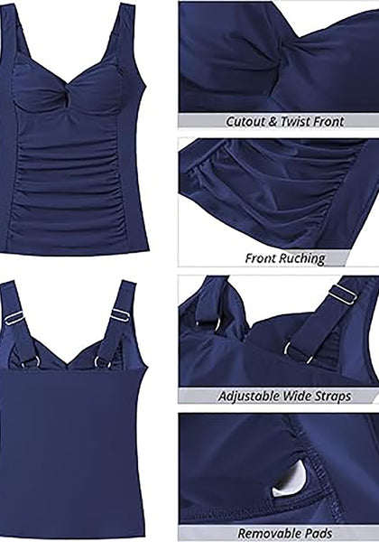 GRAPENT Tankini Tops for Women Twist Front Keyhole Bathing Suits Swim Tankini Swimsuits Padded Ruched Swimwear Top Only