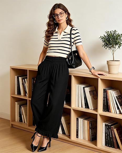 GRAPENT Linen Pants Women Wide Leg Ruffle Hem Pull On High Waisted Elastic Waist Cropped Ankle Casual Beach Summer Pants