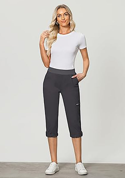 GRAPENT Capri Cargo Pants for Women High Waisted Pull On Elastic Waist Stretch Twill Fold Hem Capris Pants with Pockets