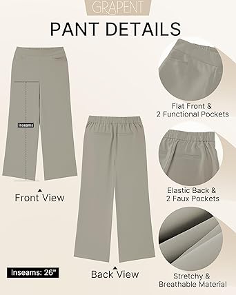 GRAPENT Cropped Pants for Women Trendy Business Casual High Waisted Pull On Wide Leg Stretchy Dress Pants with Pockets