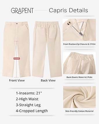 Grapent Women's Capri Straight Lounge Pants Outdoor Breathable Cotton Durable Regular Cropped Trousers