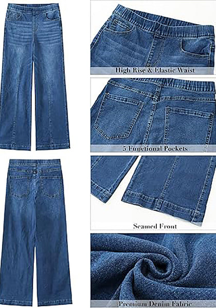 GRAPENT Pull On Womens Jeans Baggy Stretchy High Waisted Denim Wide Leg Trouser Pants Trendy Front Seam 90s Loose Jean