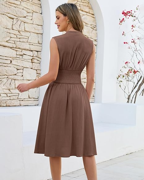 vacation midi dresses GRAPENT Linen Dresses for Women Summer Casual Flowy V Neck Sleeveless – Grapent