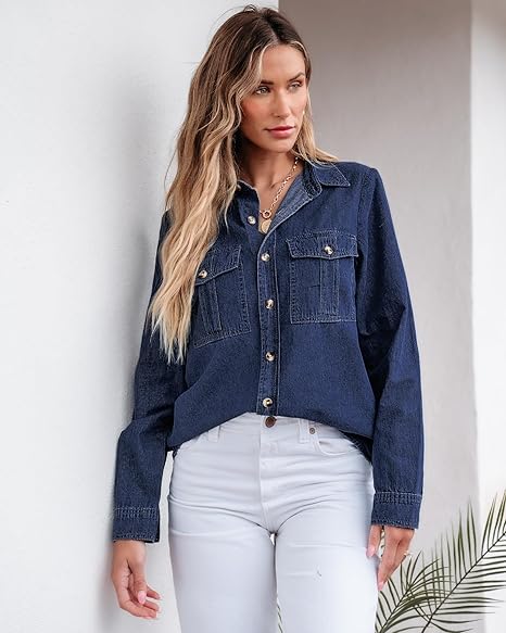 Grapent Women's Supima Cotton Wrinkle-free Relaxed Fit  Button Shirt Workwear-inspired Denim Shirt