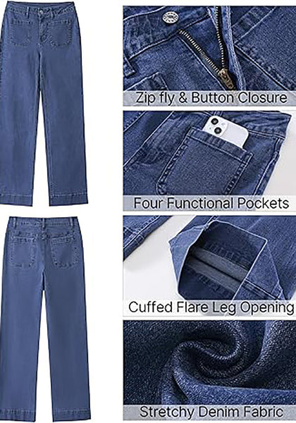 GRAPENT Women's Full Length Stretch Denim Regular Jeans High Waisted Bell Bottom