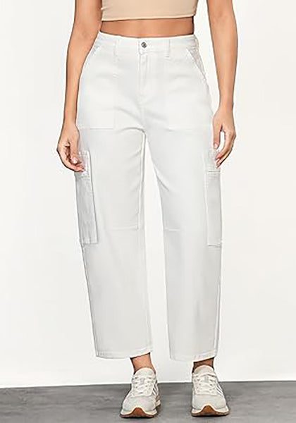 GRAPENT Barrel Jeans for Women Trendy High Waisted Cropped Cargo Pocket Baggy Stretch Denim Pants Wide Leg Tapered Jeans