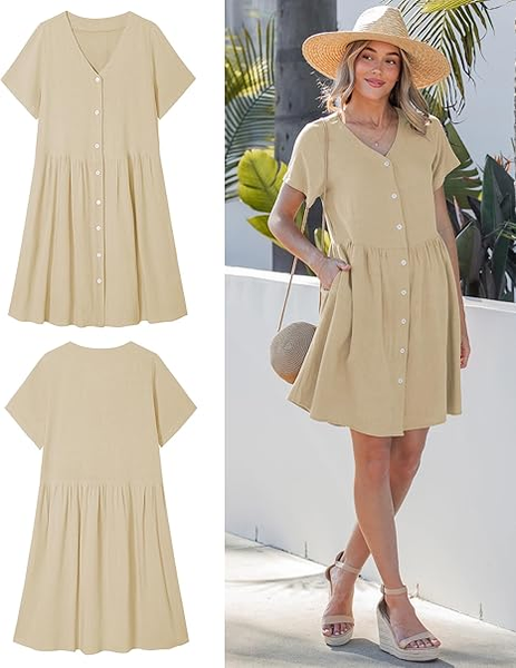 GRAPENT Linen Dresses for Women Casual Summer Babydoll Button Down Short Sleeve V Neck Above Knee Dress with Pockets