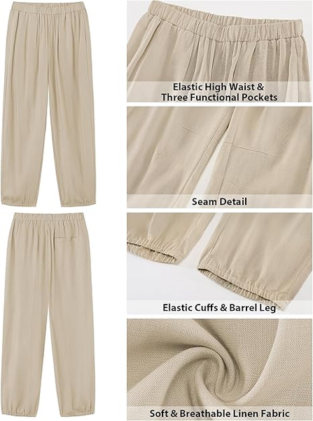 GRAPENT Capri Pants for Women Linen Barrel High Waisted Pull On Elastic Waist Casual Summer Capris Beach Vacation Pants