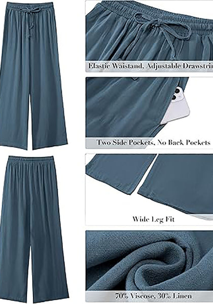 GRAPENT Wide Leg Pants Woman Linen High Waisted Pull On Flowy Casual Baggy Drawstring Palazzo Trousers Pants Resort Wear