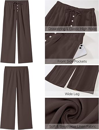 GRAPENT Linen Wide Leg Pants Woman High Waisted Pull On Button Drawstring Baggy Casual Summer Palazzo Pants with Pockets