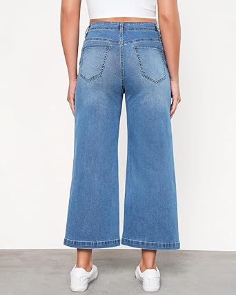 GRAPENT Wide Leg Jeans Woman Trendy Cropped High Waisted Front Seam Casual Stretchy Denim Trouser Jeans with Pockets