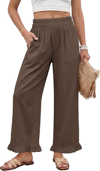 GRAPENT Linen Pants Women Wide Leg Ruffle Hem Pull On High Waisted Elastic Waist Cropped Ankle Casual Beach Summer Pants