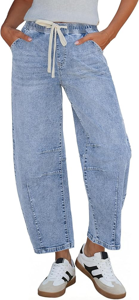 GRAPENT Barrel Jeans for Women Trendy High Waisted Cropped Baggy Wide Leg Pull On Elastic Waist Stretchy Denim Pants