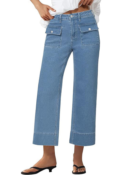 GRAPENT Wide Leg Jeans for Women Trendy High Waisted Straight Leg Cropped Stretchy Denim Pants with Retro Patch Pockets