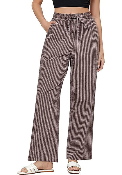 GRAPENT Striped Pants for Women High Waisted Wide Leg Cotton Linen Trendy Beach Pull on Elastic Waist Casual Flowy Pants