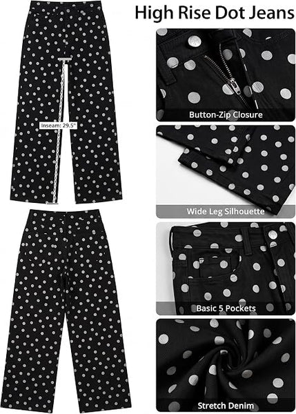 GRAPENT Wide Leg Jeans for Women High Waisted Polka Dot Stretch Denim Pants | Polka Dot, 90s Baggy Straight, High Rise, 29.5 Inch Inseam, Stretchy Jean Pants, Classic 5 Pockets, Business Casual Outfits