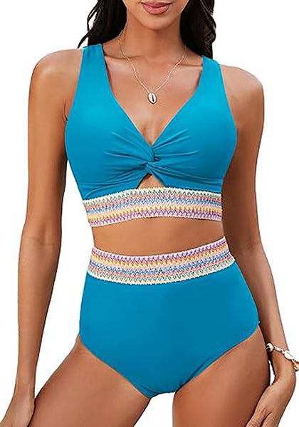 GRAPENT Bikini Sets for Women High Waisted Two Piece Swimsuit Padded Knot Twist Cut Out Color Block Bathing Suit Bikinis