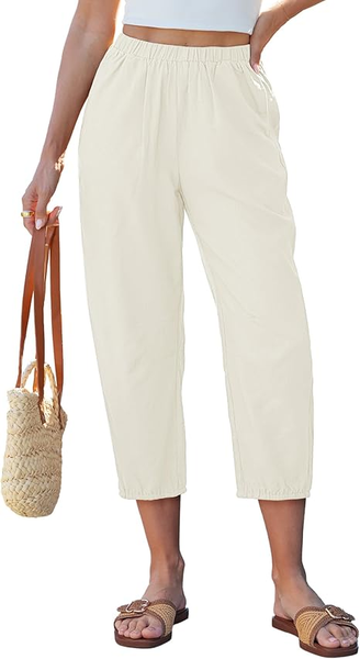 GRAPENT Capri Pants for Women Linen Barrel High Waisted Pull On Elastic Waist Casual Summer Capris Beach Vacation Pants