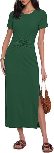 GRAPENT Long Dresses for Women Summer Casual Side Slit Twist Front 2026 Beach Vacation Short Sleeve Comfy Tshirt Dress
