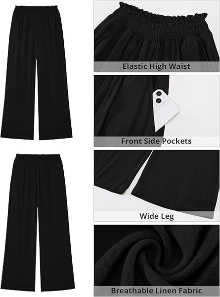 GRAPENT Linen Pants for Women Wide Leg High Waisted Paper Bag Smocked Waist Casual Summer Beach Vacation Palazzo Pants