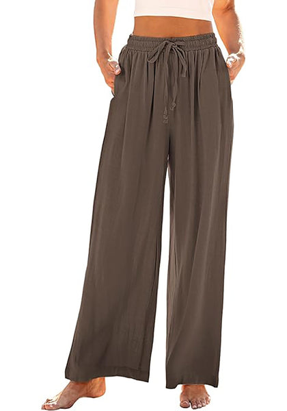 GRAPENT Wide Leg Pants Woman Linen High Waisted Pull On Flowy Casual Baggy Drawstring Palazzo Trousers Pants Resort Wear