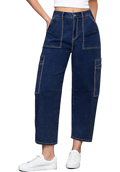 GRAPENT Barrel Jeans for Women Trendy High Waisted Cropped Cargo Pocket Baggy Stretch Denim Pants Wide Leg Tapered Jeans