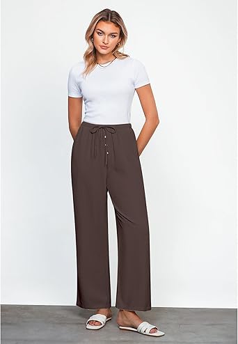 GRAPENT Linen Wide Leg Pants Woman High Waisted Pull On Button Drawstring Baggy Casual Summer Palazzo Pants with Pockets