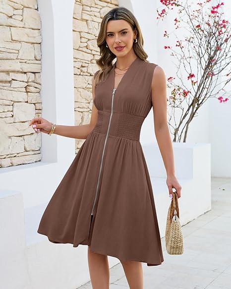 GRAPENT Linen Dresses for Women Summer Casual Flowy V Neck Sleeveless Smocked Zip Beach Vacation Midi Dress with Pockets