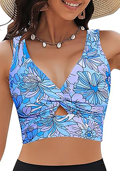 GRAPENT Bikini Tops for Women Cropped Tankini Tops Floral Printed Beach Padded Knot Twist Cut Out Bathing Suit Top Only