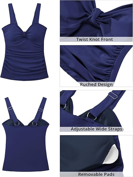GRAPENT Women's Solid Stretch Ruched Twist Front Tankini Top With No Bottom