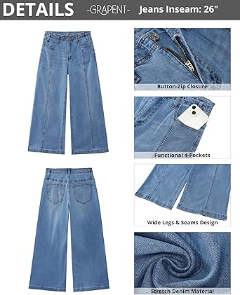 GRAPENT Wide Leg Jeans Woman Trendy Cropped High Waisted Front Seam Casual Stretchy Denim Trouser Jeans with Pockets