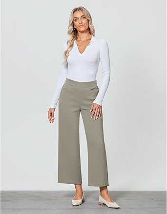 GRAPENT Cropped Pants for Women Trendy Business Casual High Waisted Pull On Wide Leg Stretchy Dress Pants with Pockets