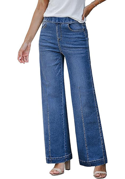 GRAPENT Pull On Womens Jeans Baggy Stretchy High Waisted Denim Wide Leg Trouser Pants Trendy Front Seam 90s Loose Jean