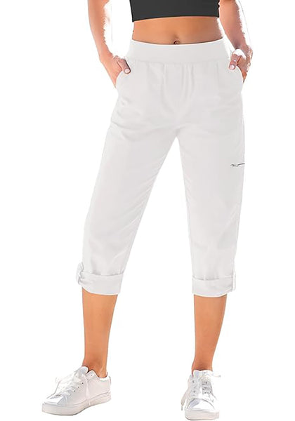 GRAPENT Capri Cargo Pants for Women High Waisted Pull On Elastic Waist Stretch Twill Fold Hem Capris Pants with Pockets