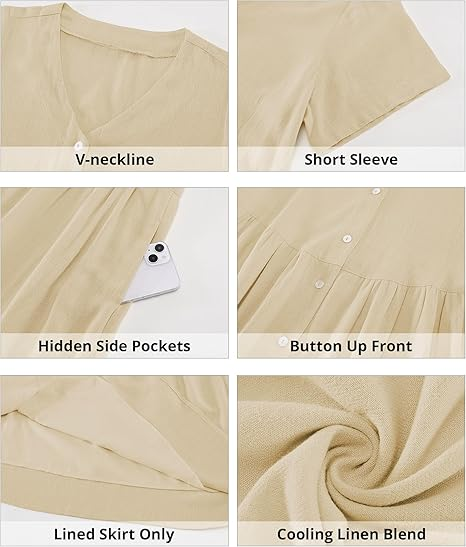 GRAPENT Linen Dresses for Women Casual Summer Babydoll Button Down Short Sleeve V Neck Above Knee Dress with Pockets