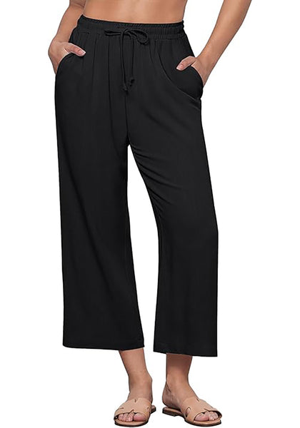 GRAPENT Linen Pants for Women High Waisted Wide Leg Capri Elastic Waist Casual Beach Flowy Cropped Summer Capris Pants